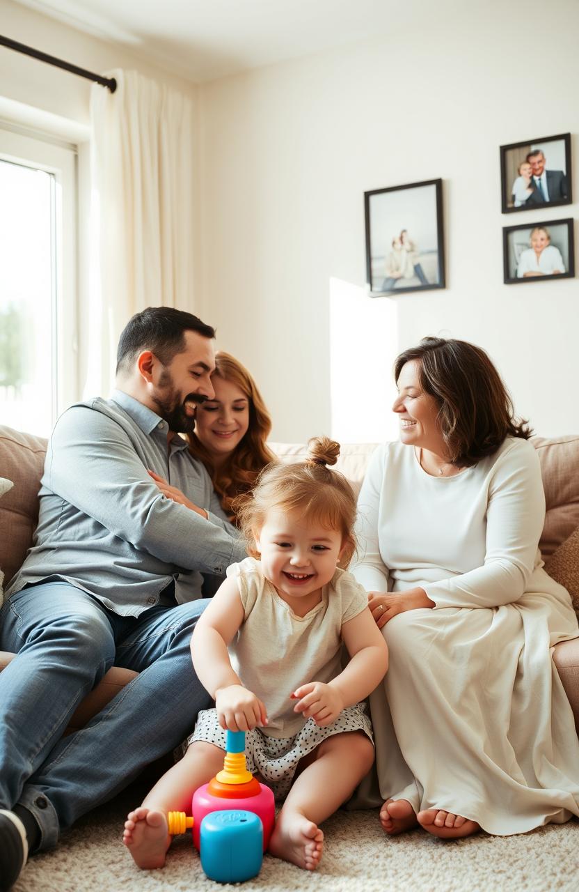 A harmonious family scene set in a cozy home, showcasing a father, a mother, stepmother, and a young daughter