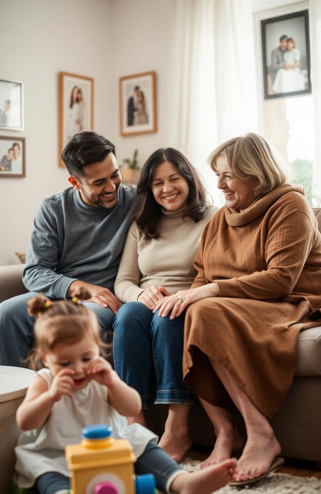 A harmonious family scene set in a cozy home, showcasing a father, a mother, stepmother, and a young daughter