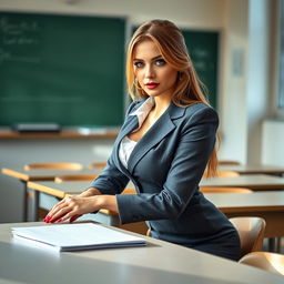 A sexy 30-year-old Ukrainian teacher in a stylishly formal outfit, positioned in a college classroom with beautiful natural light illuminating her figure