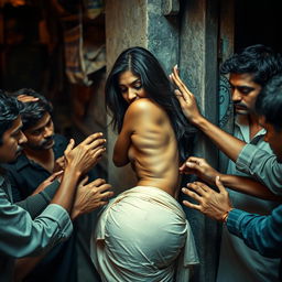 A sensual Pakistani woman leaning against a wall in a slum, bending slightly as she presents her body in an alluring pose