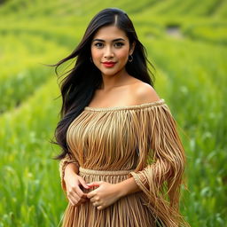 A beautiful, curvy Asian woman with striking features, dressed in a flowing dress made of grass, standing confidently with a subtle smile