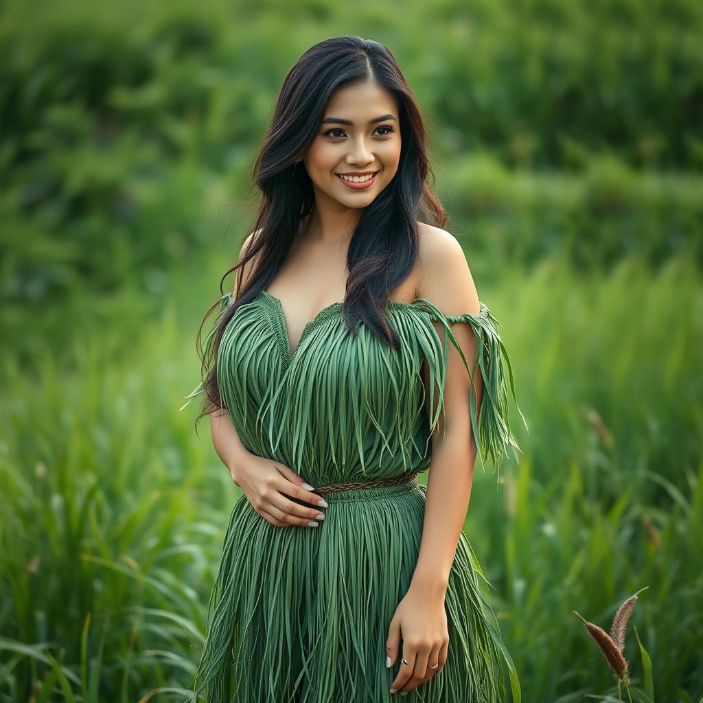 A beautiful, curvy Asian woman with striking features, dressed in a flowing dress made of grass, standing confidently with a subtle smile