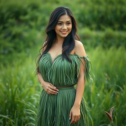 A beautiful, curvy Asian woman with striking features, dressed in a flowing dress made of grass, standing confidently with a subtle smile