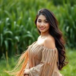 A beautiful, curvy Asian woman with striking features, dressed in a flowing dress made of grass, standing confidently with a subtle smile