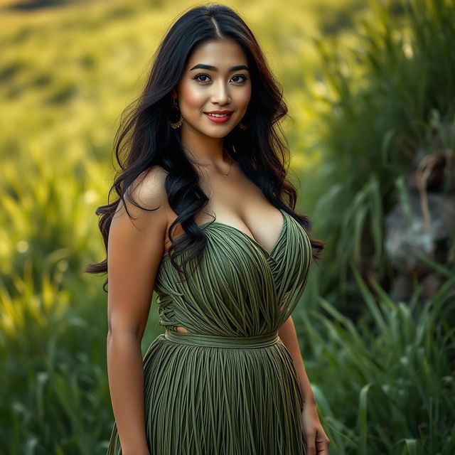 A beautiful, curvy Asian woman with striking features, dressed in a flowing dress made of grass, standing confidently with a subtle smile