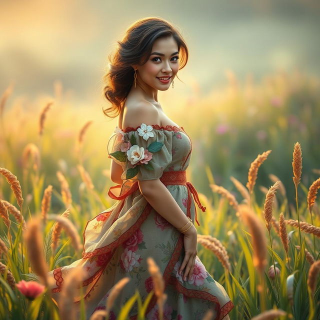 A beautiful fantasy scene featuring a stunning Central Asian woman with a curvy figure and a delicate smile, surrounded by lush, vibrant grass