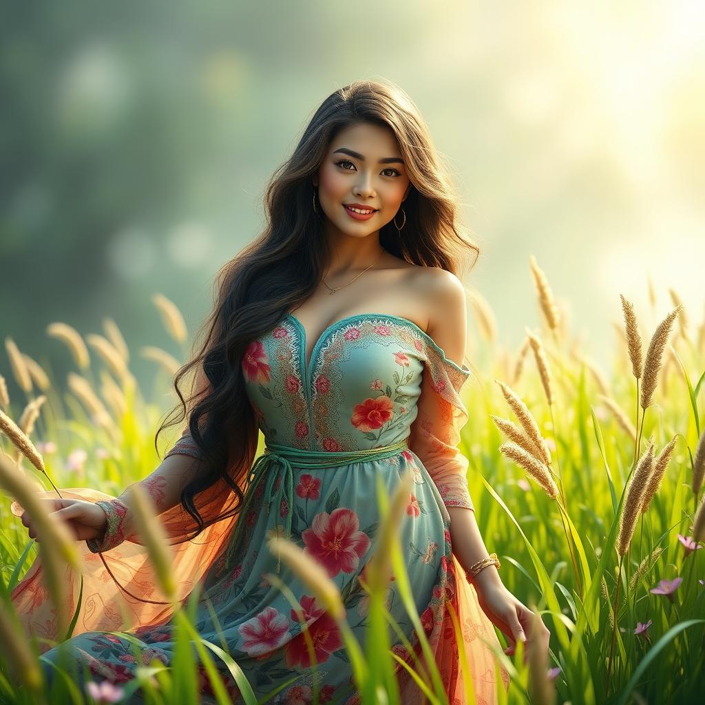 A beautiful fantasy scene featuring a stunning Central Asian woman with a curvy figure and a delicate smile, surrounded by lush, vibrant grass