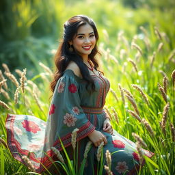 A beautiful fantasy scene featuring a stunning Central Asian woman with a curvy figure and a delicate smile, surrounded by lush, vibrant grass