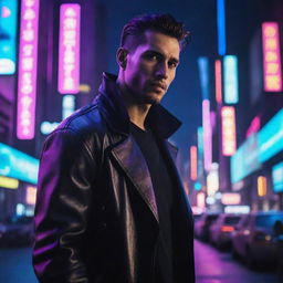 A very handsome man situated in a neon-lit cyberpunk city