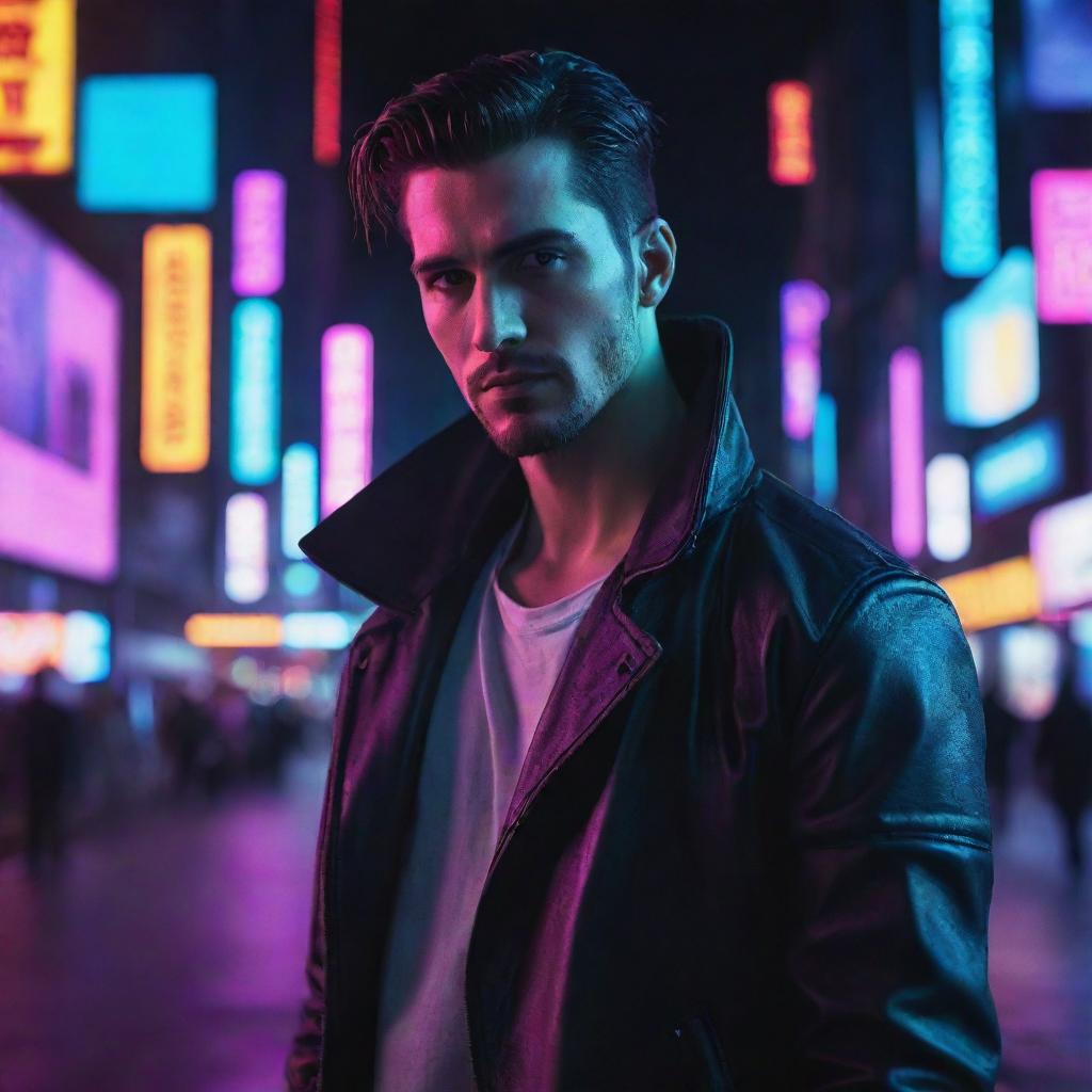 A very handsome man situated in a neon-lit cyberpunk city