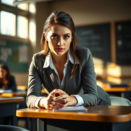 A sexy 30-year-old Ukrainian teacher wearing a stylish and formal outfit, positioned in a college classroom illuminated by soft, natural light