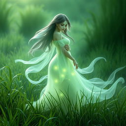 A beautiful fantasy ghost figure representing a Central Asian spirit, with a curvy silhouette and a delicate, mysterious smile