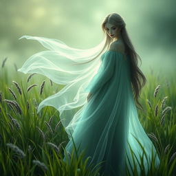 A beautiful fantasy ghost figure representing a Central Asian spirit, with a curvy silhouette and a delicate, mysterious smile