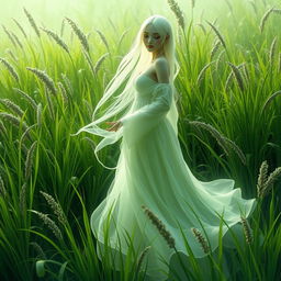 A beautiful fantasy ghost figure representing a Central Asian spirit, with a curvy silhouette and a delicate, mysterious smile