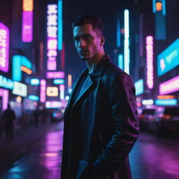 A very handsome man situated in a neon-lit cyberpunk city