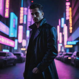 A very handsome man situated in a neon-lit cyberpunk city