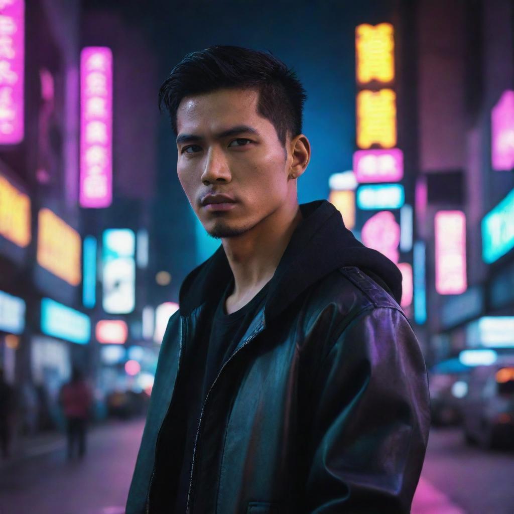 A very handsome Indonesian man situated in a neon-lit cyberpunk city