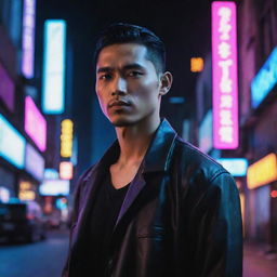 A very handsome Indonesian man situated in a neon-lit cyberpunk city