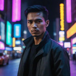 A very handsome Indonesian man situated in a neon-lit cyberpunk city