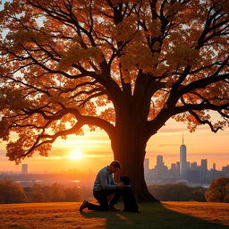 A majestic oak tree with sprawling branches and vibrant golden leaves, prominently showcased at the center of the scene