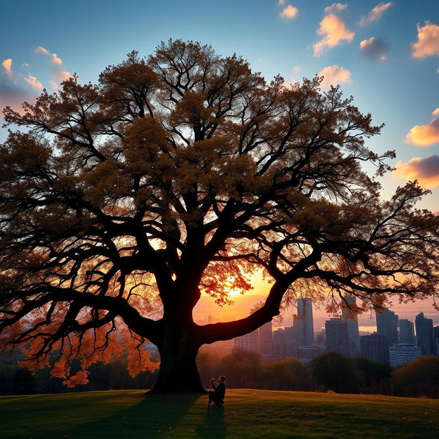 A majestic oak tree with sprawling branches and vibrant golden leaves, prominently showcased at the center of the scene