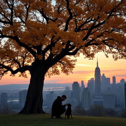 A majestic oak tree with sprawling branches and vibrant golden leaves, prominently showcased at the center of the scene