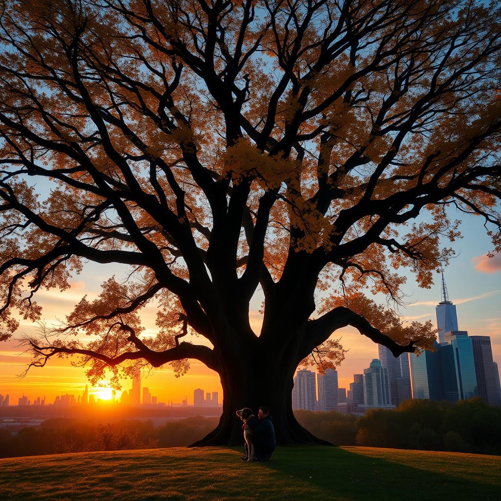 A majestic oak tree with sprawling branches and vibrant golden leaves, prominently showcased at the center of the scene