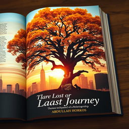 A captivating book cover featuring a majestic oak tree with sprawling branches and radiant golden leaves, centrally positioned on the page