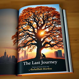 A captivating book cover featuring a majestic oak tree with sprawling branches and radiant golden leaves, centrally positioned on the page