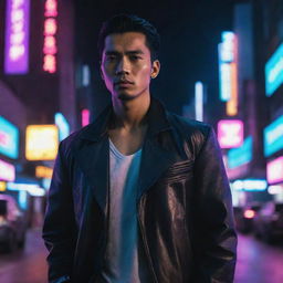 A very handsome Indonesian man situated in a neon-lit cyberpunk city