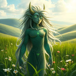 A stunningly handsome Central Asian grass spirit (Hantu Rumput) depicted in a fantasy setting, featuring lush green grass and delicate wildflowers surrounding him