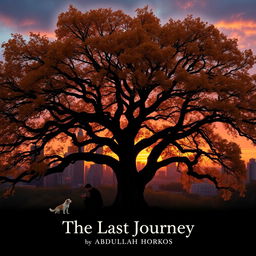 A majestic oak tree with sprawling branches and vibrant golden leaves, centrally featured in the composition