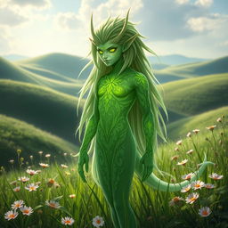 A stunningly handsome Central Asian grass spirit (Hantu Rumput) depicted in a fantasy setting, featuring lush green grass and delicate wildflowers surrounding him