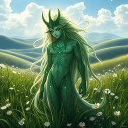 A stunningly handsome Central Asian grass spirit (Hantu Rumput) depicted in a fantasy setting, featuring lush green grass and delicate wildflowers surrounding him