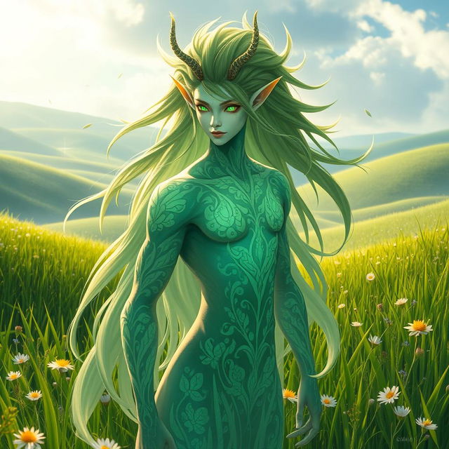 A stunningly handsome Central Asian grass spirit (Hantu Rumput) depicted in a fantasy setting, featuring lush green grass and delicate wildflowers surrounding him