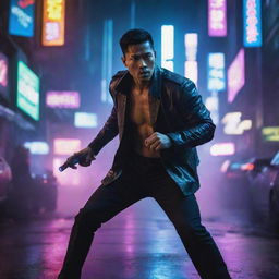 An epic action scene of a very handsome Indonesian man battling in a neon-lit cyberpunk city