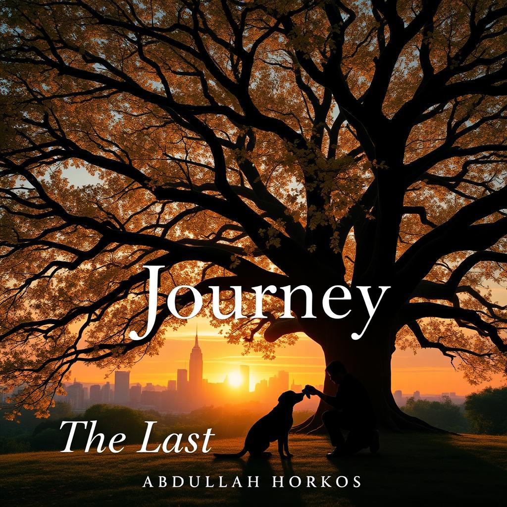 A striking image featuring a majestic oak tree with sprawling branches and luminous golden leaves