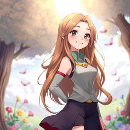 A beautiful female character with long, flowing brown hair and a stylish outfit, standing confidently