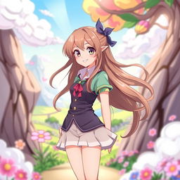 A beautiful female character with long, flowing brown hair and a stylish outfit, standing confidently