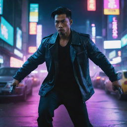 An epic action scene of a very handsome Indonesian man battling in a neon-lit cyberpunk city