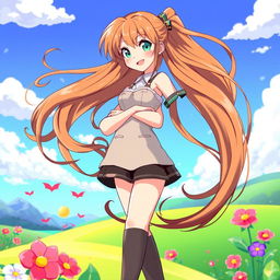 A beautiful female character with long, flowing brown hair and a stylish outfit, standing confidently
