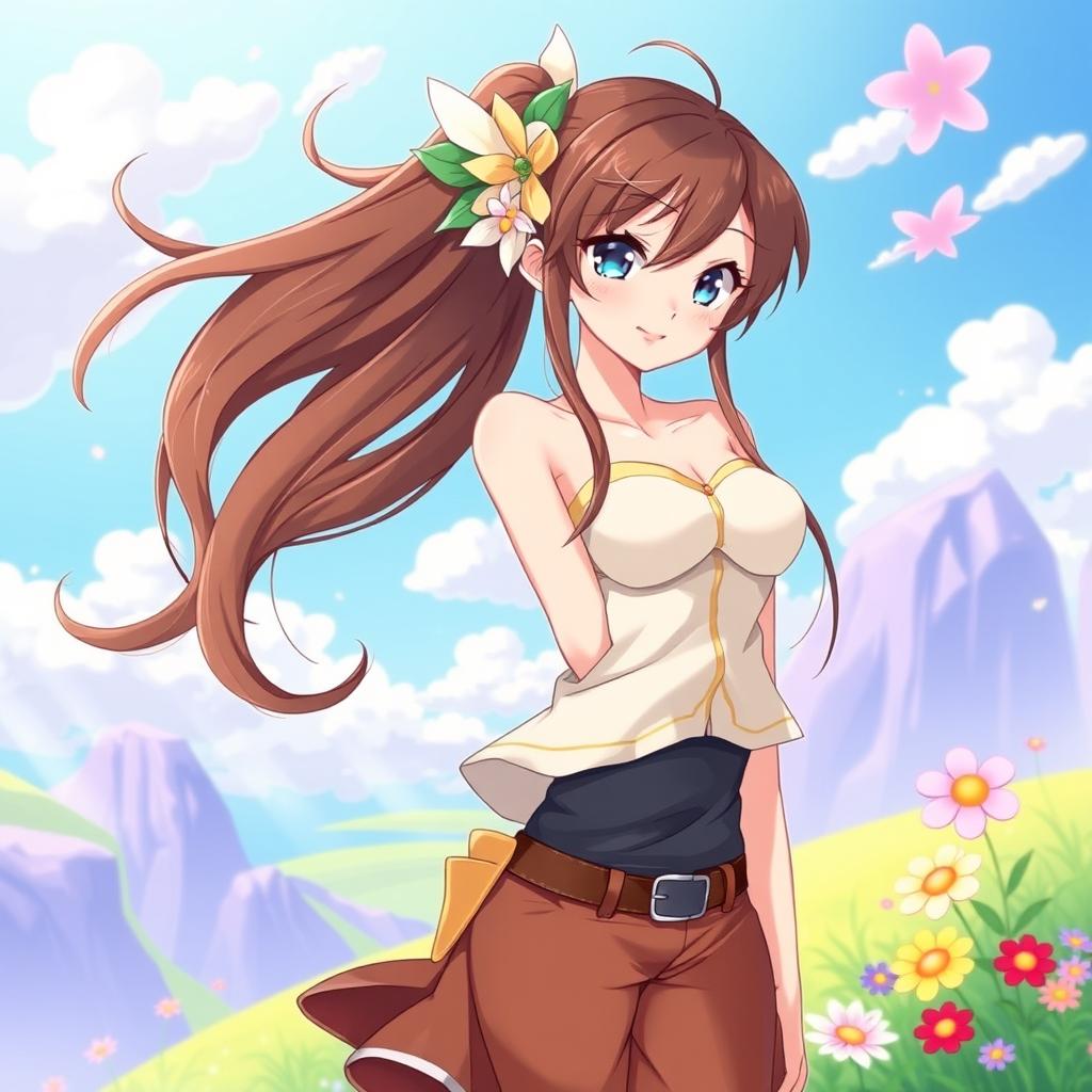 A beautiful female character with long, flowing brown hair and a stylish outfit, standing confidently