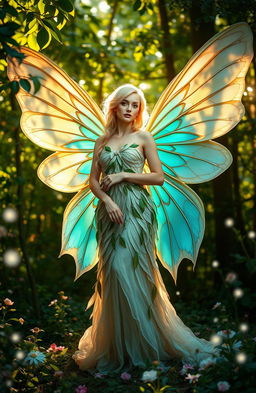 A stunning blonde fae woman with beautifully detailed large wings stands gracefully in a lush green forest