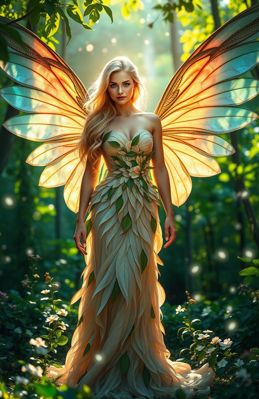 A stunning blonde fae woman with beautifully detailed large wings stands gracefully in a lush green forest