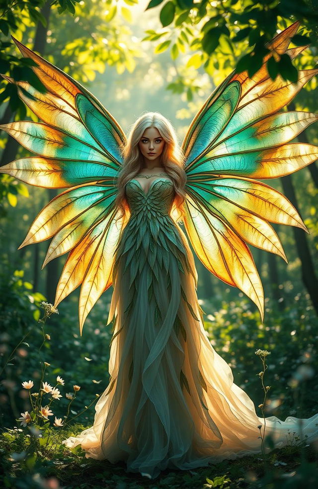 A stunning blonde fae woman with beautifully detailed large wings stands gracefully in a lush green forest