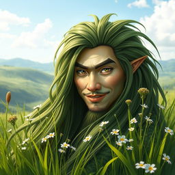 A handsome Central Asian grass spirit (Hantu Rumput) portrayed in a mystical setting