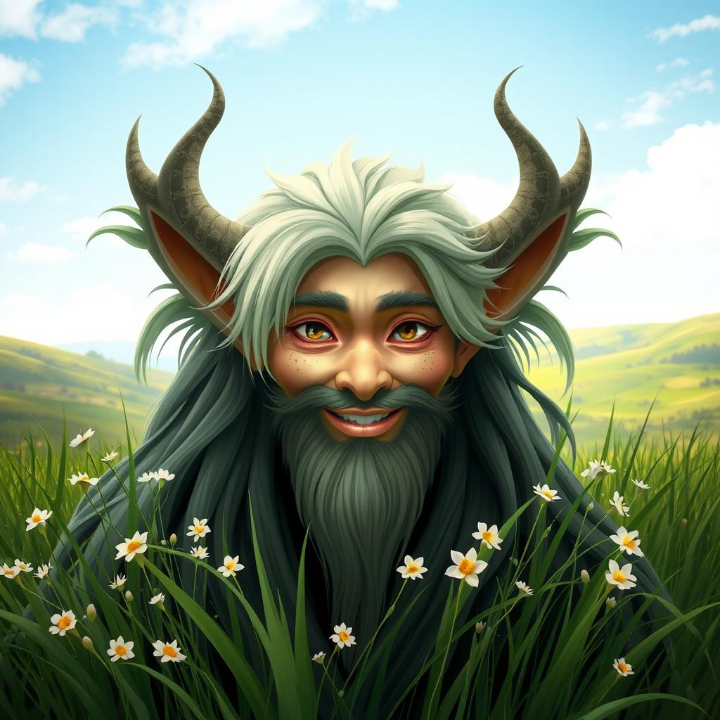 A handsome Central Asian grass spirit (Hantu Rumput) portrayed in a mystical setting