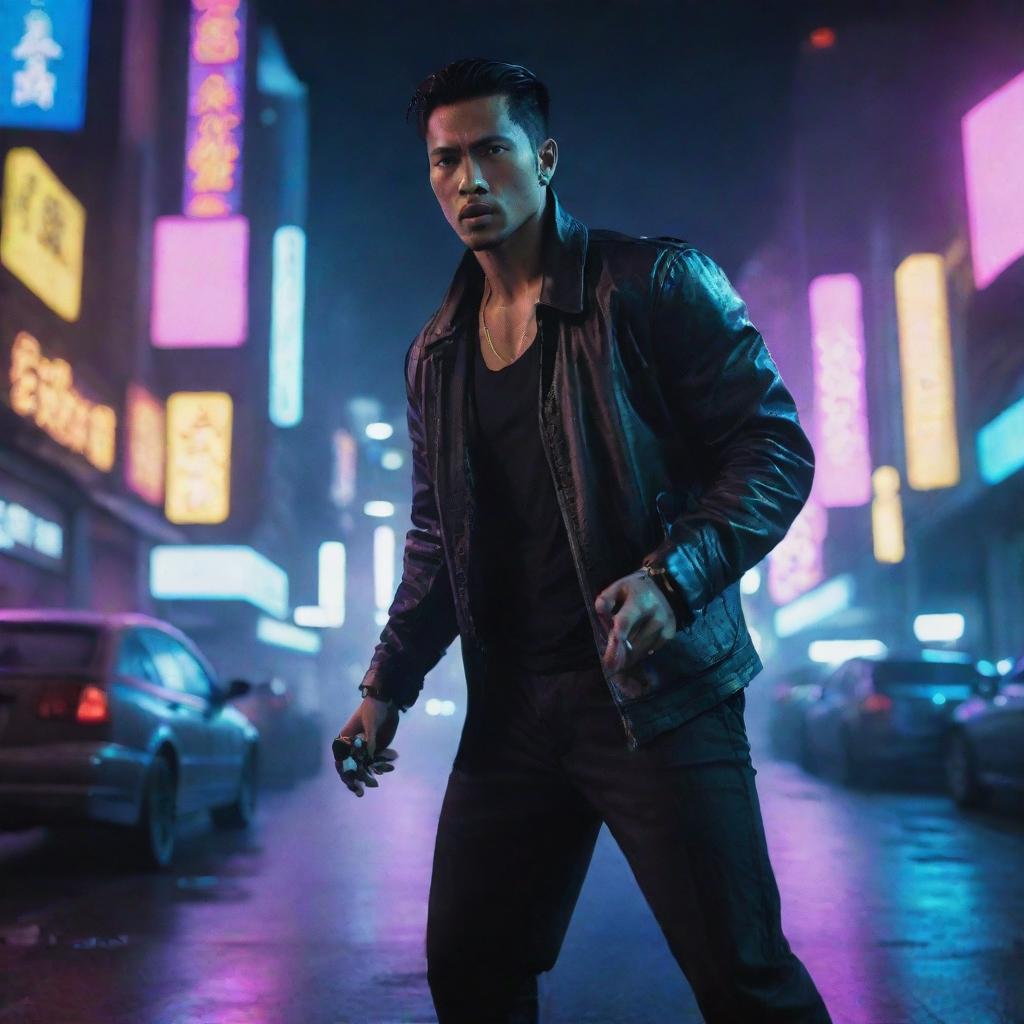 An epic action scene of a very handsome Indonesian man battling in a neon-lit cyberpunk city