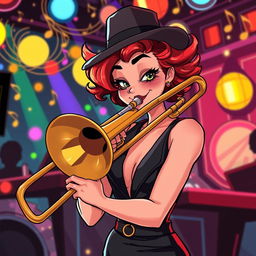 A vibrant illustration of a female character named Wendy, with a unique and stylish twist, playing a vintage trombone