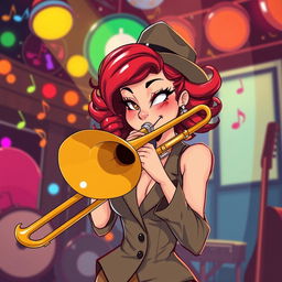 A vibrant illustration of a female character named Wendy, with a unique and stylish twist, playing a vintage trombone